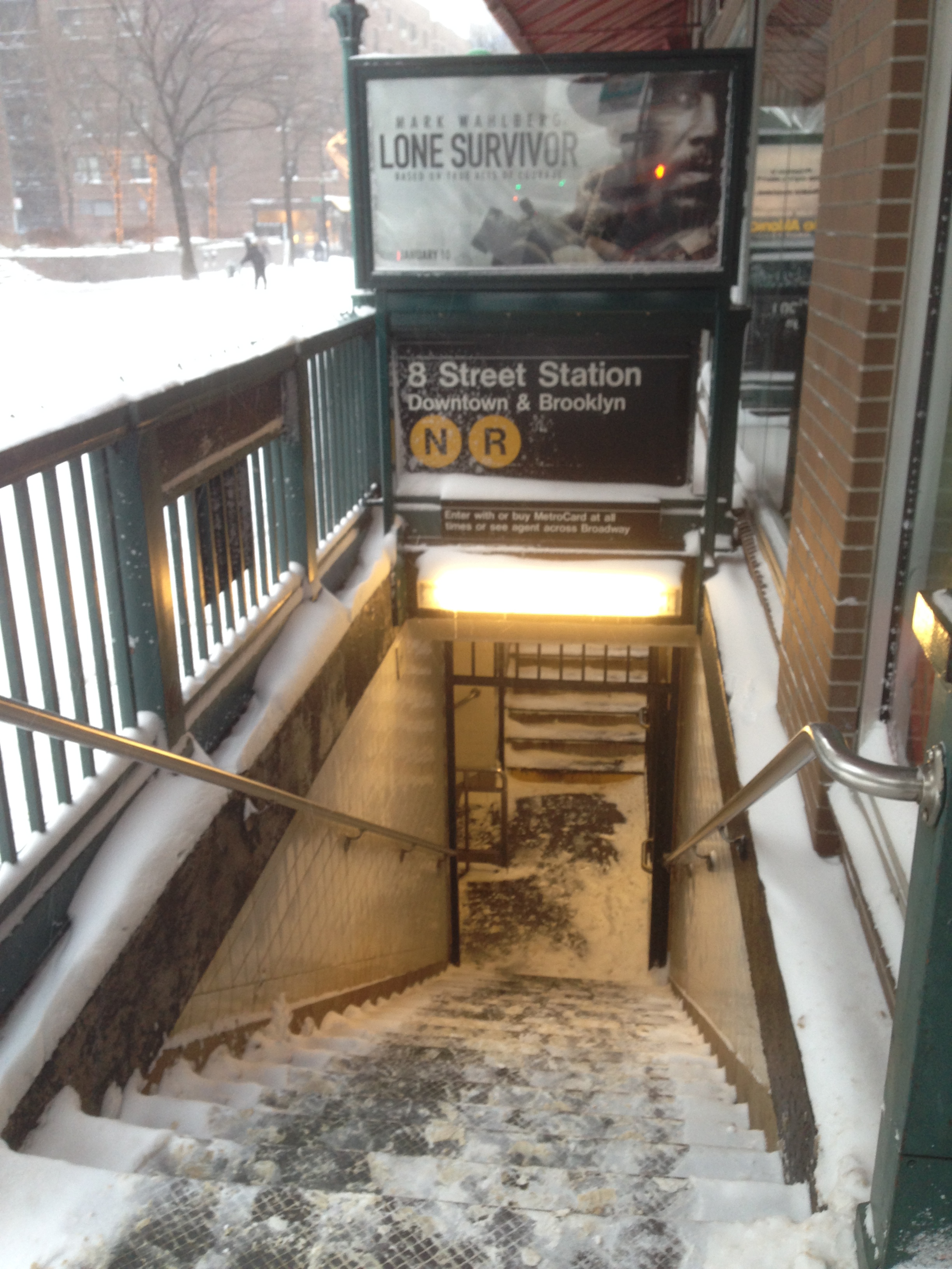 Snowy entrance to 8th Street subway station