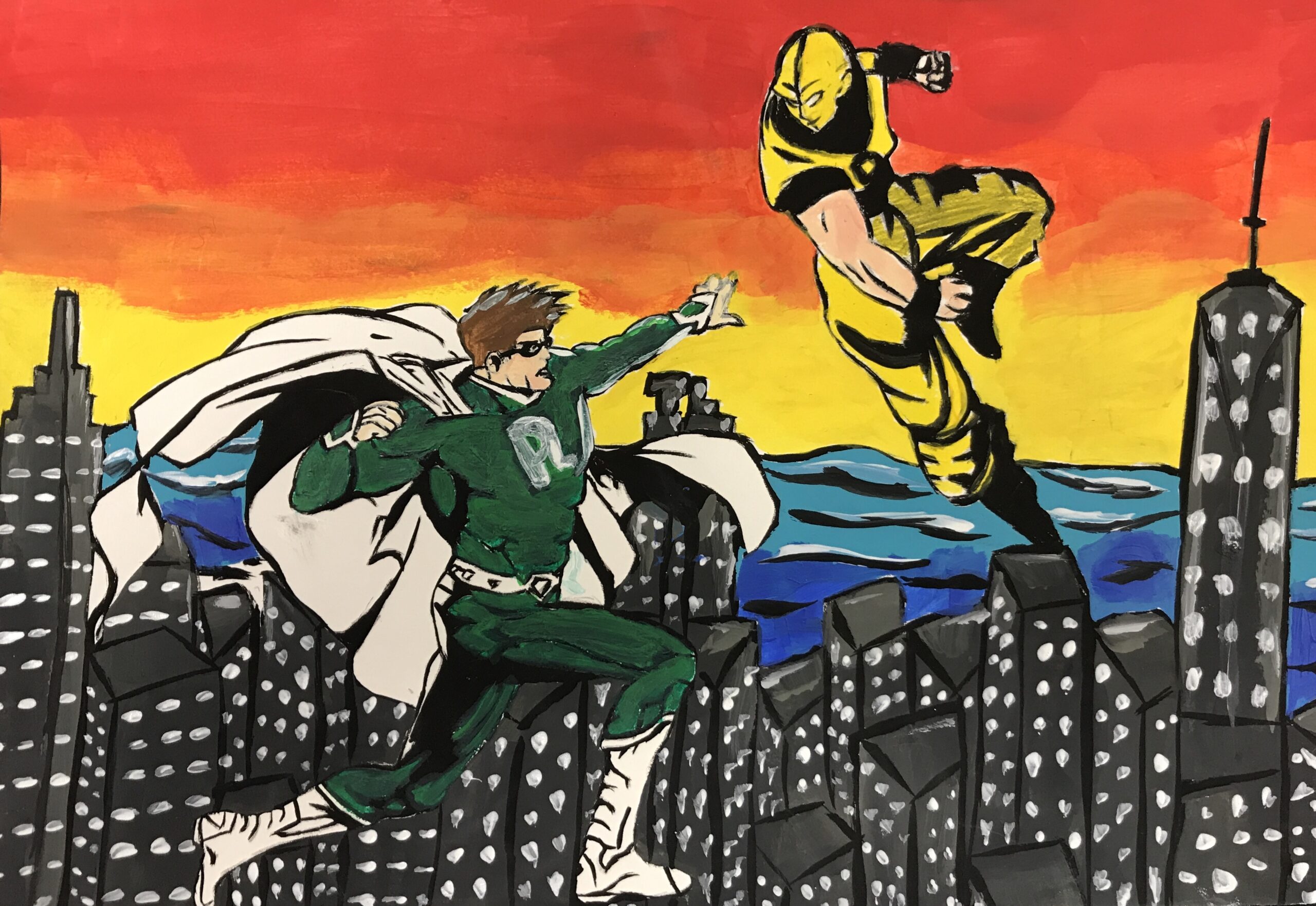 Two superheroes fighting above city skyline